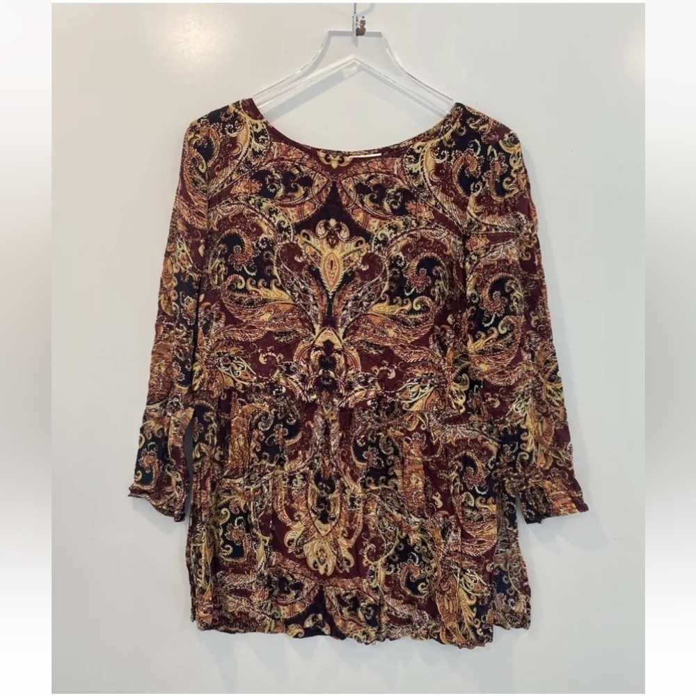J. Jill Brown Gold Baroque Print Tunic Top Womens Size Large Petite (1336) - Picture 1 of 5
